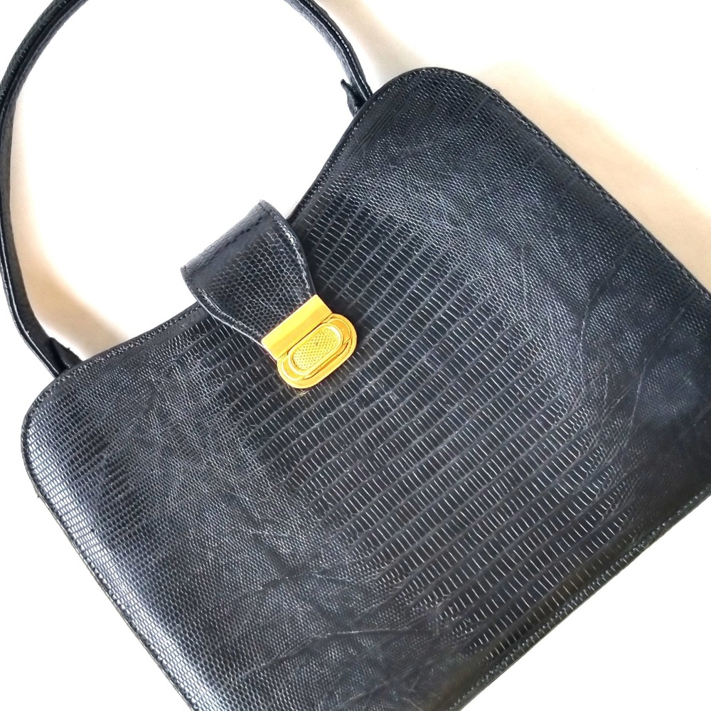 Vintage Genuine Lizard Lined Black Bag/Gold Trim